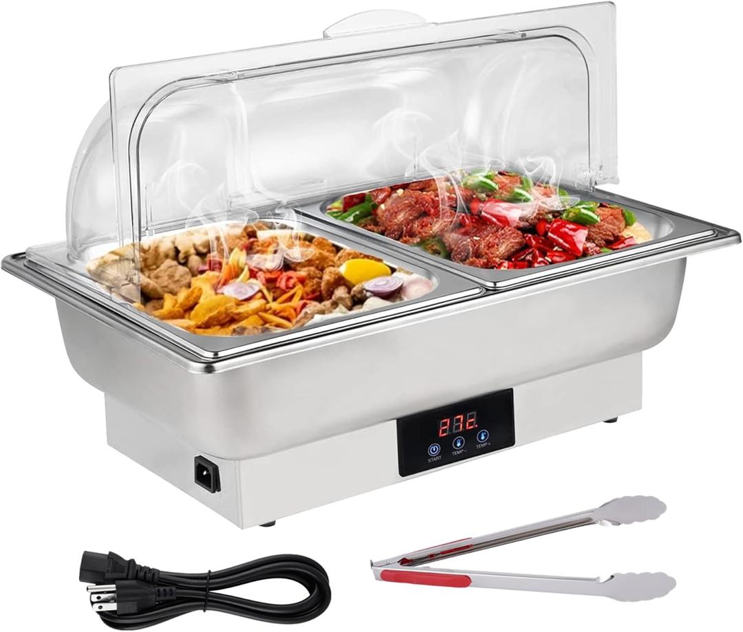 Roll Top Chef Chafing Dish Buffet Set 2 Pan Food Warmer Buffet Servers and Warmers Digital Display Temperature Warming Tray Bain Marie Food Warmer for Parties Commercial Food Steam Table