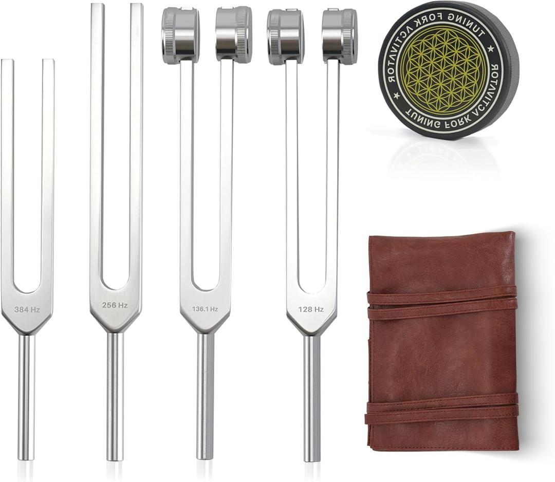 Tuning Forks for Healing Set  Includes 128Hz, 136Hz, 256Hz, 384Hz & Activator, Portable in Red Leather Pouch  Medical Grade Sound Healing Instruments for Chakra, Yoga, and Meditation