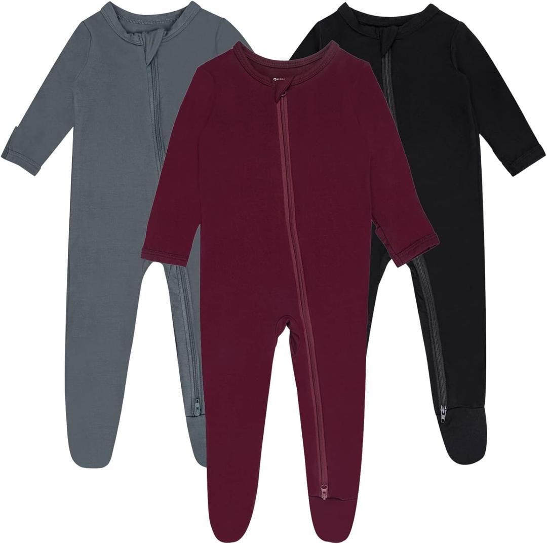 Baby Boy Footed Pajamas with Mittens,Rayon Made from Bamboo Sleepers, 2 Way Zipper Long Sleeve Pjs (12-18 Months, Maroon-black-sliver)