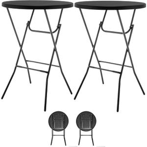 BTEXPERT Set of 2, Black 2.63 Foot Round Plastic Bar Height Folding Table Indoor Outdoor Accessory for Patio Backyard Dining Wedding Party Events Home Kitchen 