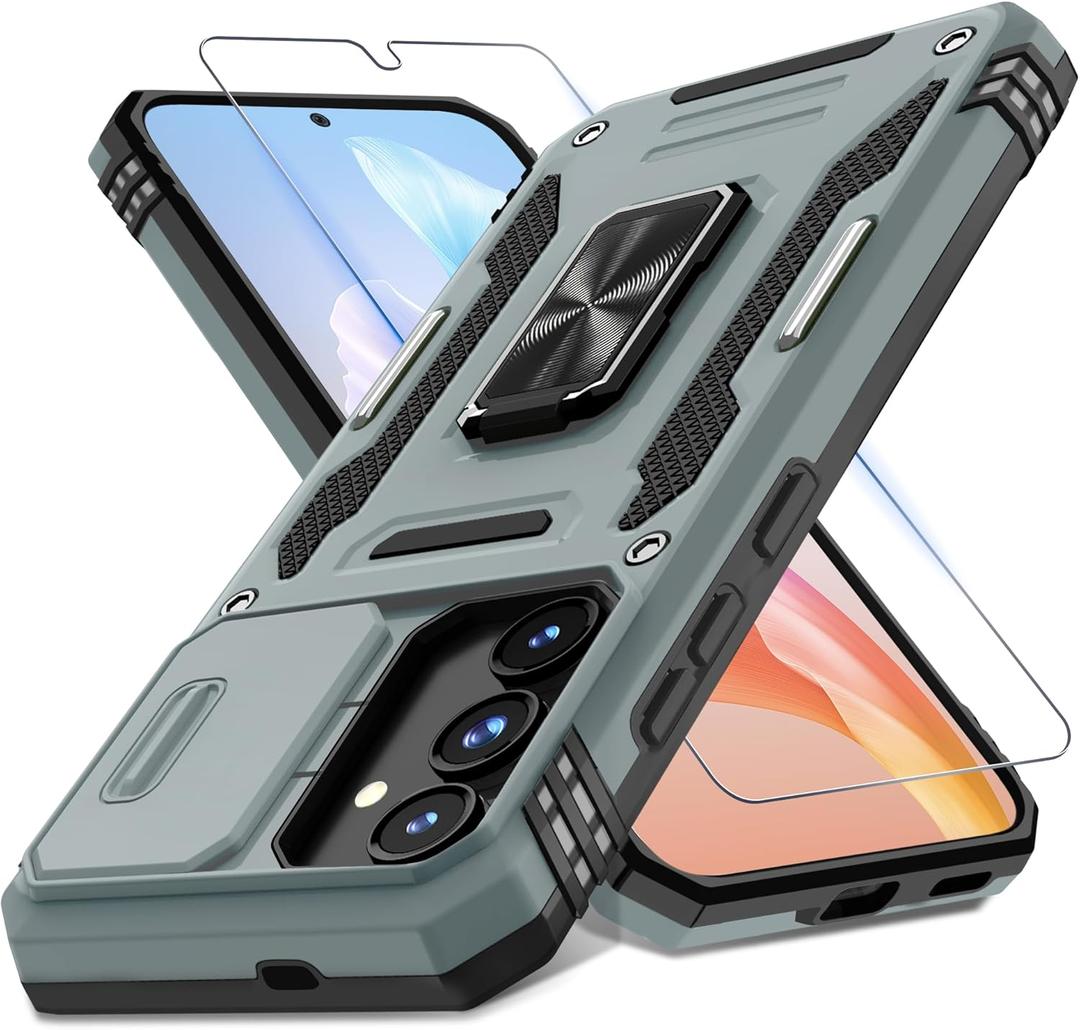 DEERLAMN Case for Samsung Galaxy S24 6.2-Inch with Slide Camera Cover+Screen Protector(1 Pack), Rotated Ring Kickstand Military Grade Shockproof Protective Cover-Grey