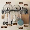 AmoiChic Adhesive Wall Mounted Pot Pan Rack, Kitchen Wall Mounted Detachable Pan Lid Utensils Organizer Hanging Rail with 8 Hooks for Kitchen Bathroom Bedroom,17.7''