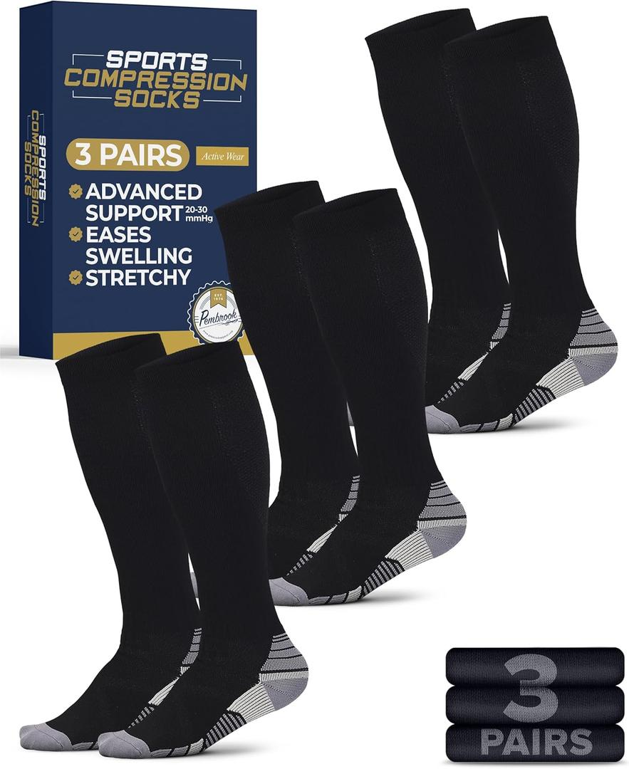 Pembrook 3 Pairs Compression Socks 20-30 mmHg - Compression Socks for Women and Men | Running, Athletic, Travel, Nurses Medium, Black - 3 Pairs