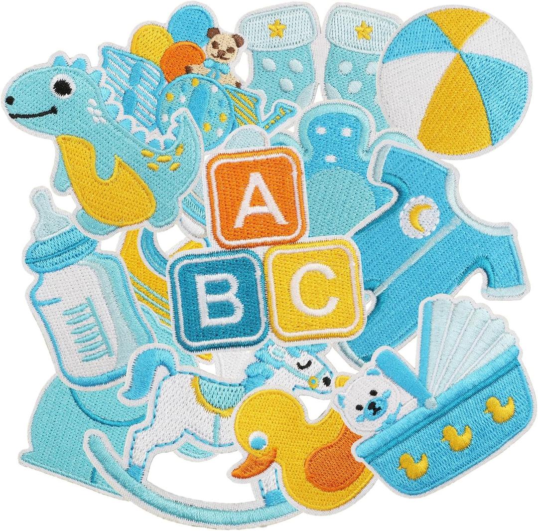 25pcs Baby Boy Iron/Sew on Patches, Cute Cartoon Blue Embroidered Applique, Fashion Decoration for Clothes, Hat, Bag, Dress, Shirt, Jeans