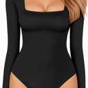 MANGOPOP Women's Square Neck Short Sleeve Long Sleeve Bodysuit Sexy Body Suits Shirt Slim Fitted Tops (Large)