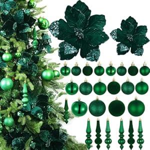 Janinka 36 Pack Christmas Poinsettia Flowers Decoration Set Include 12 Pcs Artificial Glitter Poinsettia, 24 Pcs Hanging Christmas Balls and Teardrop Ornaments for Xmas Holiday Decor(Dark Green)