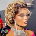 Ombre Blonde Pixie Cut Wig Human Hair, 6 Inches Short Curly Lace Bob Wig 13X1 Transparent Lace Front Wigs for Black Women (1B/27#)