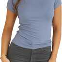 Dwnval Womens Basic Summer Short Sleeve Crewneck T Shirt Raglan Ribbed Knitted Slim Fit Casual Going Out Tops (Blue, S)