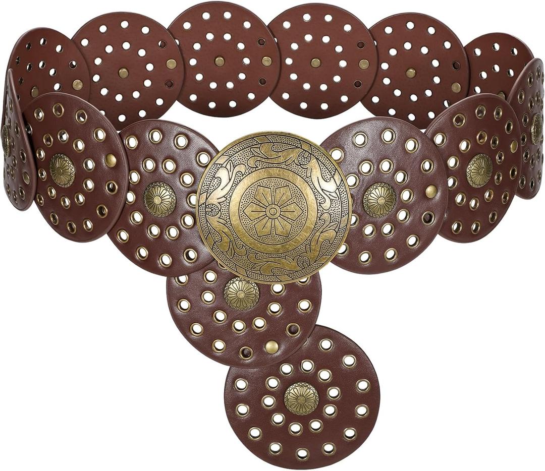 LEACOOLKEY Women's Boho Disc Belt Wide Western Leather Belt Vintage Concho Waist Belt for Dress Jeans (Fits waists up to 37")