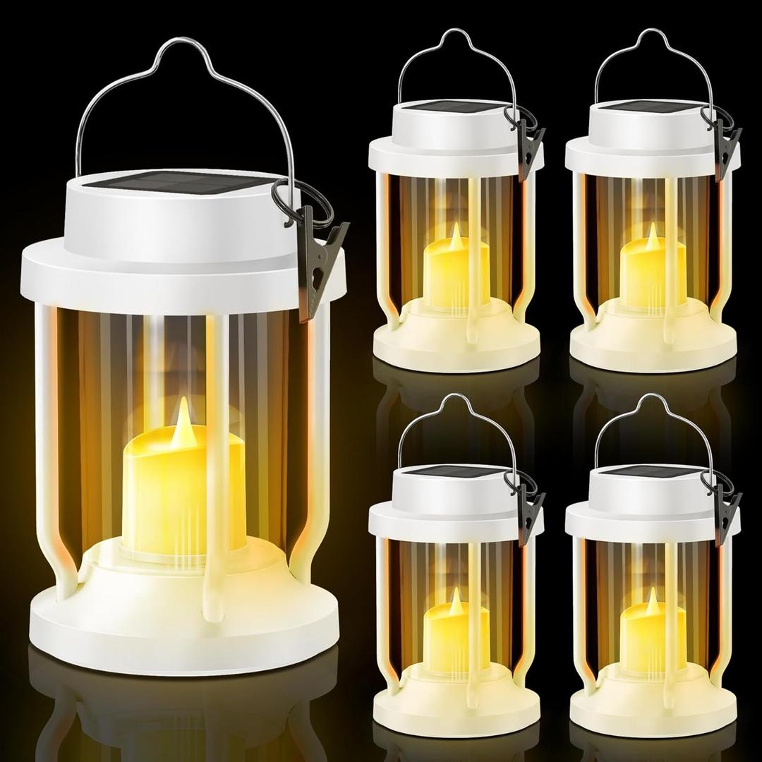 Solar Lantern Outdoor & Indoor Use  Hanging Solar Lights with Realistic Flickering Flameless Candle, Weatherproof for Gardens, Patios, Trees, and Lawns (White, 4 Pack)