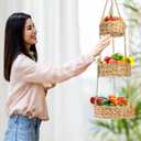 3 Tier Hanging Fruit Basket, Natural Vegetable Storage Basket, Wall Mount Round Water Hyacinth Produce Organizer for Kitchen, Living Room, Bathroom, Nursery