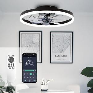 STERREN 20'' Modern Low Profile Ceiling Fan with Light, Bedroom LED Ceiling Fan with Remote Control, Bladeless Flush Mount Black Fan Lights Ceiling Fixtures for Living Room,Small Room (19.7 inch)