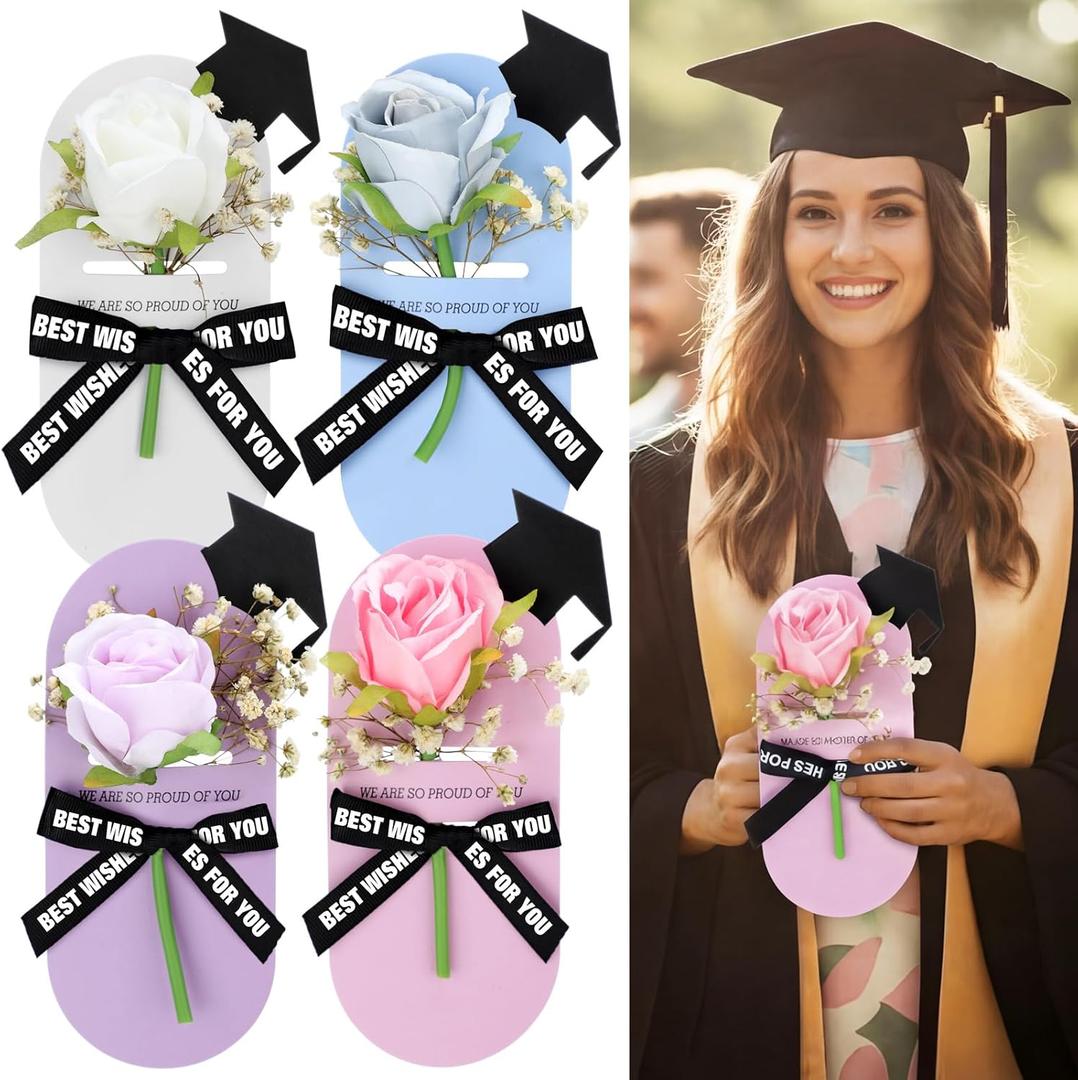 20 Sets Graduation Single Rose with Flower Cards Class of 2026 Artificial Flower Fake Rose Wrapping Floral Bouquet Graduation Gift for High School College School Grad Celebration Party