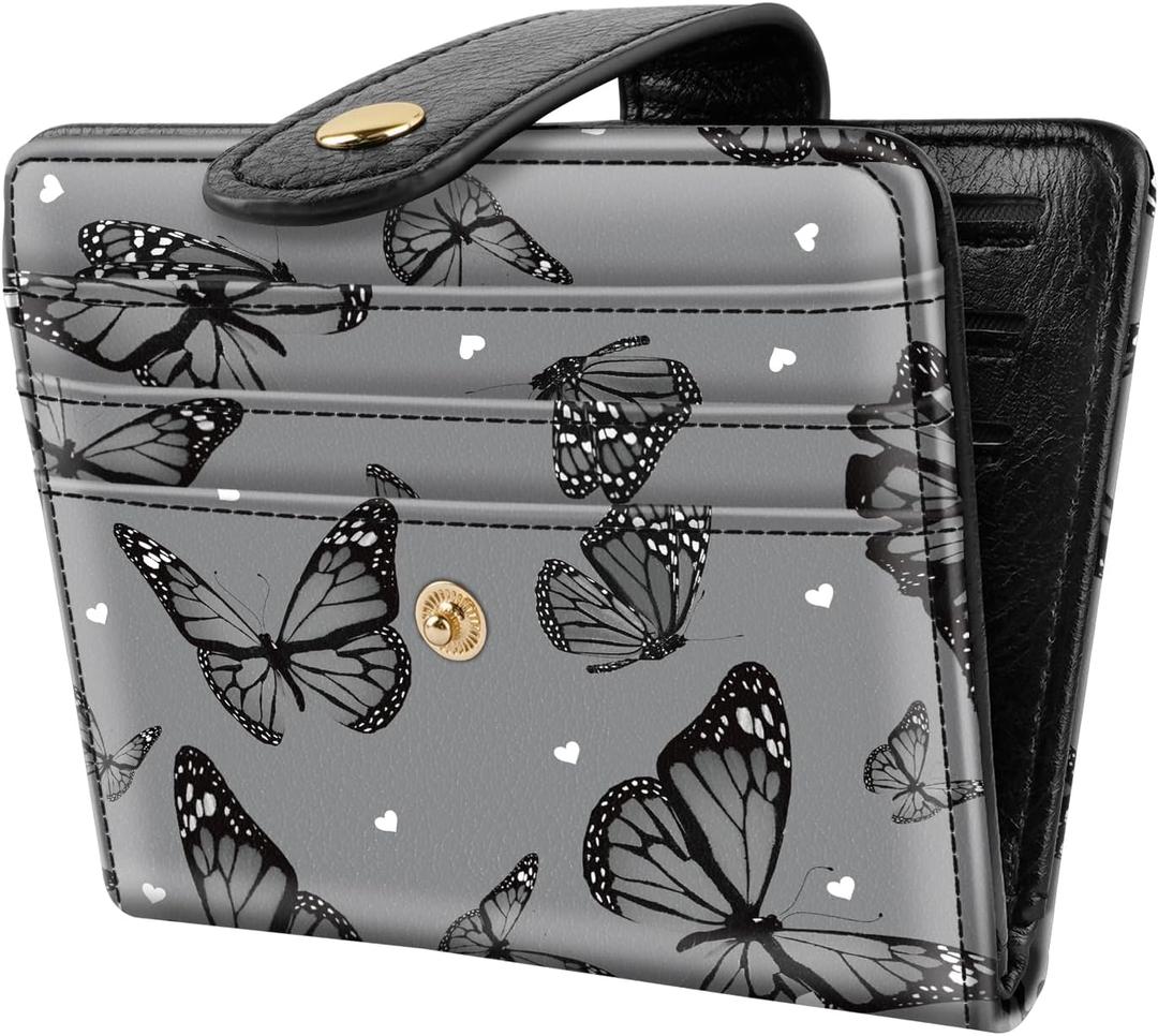 Small Wallets for Women Slim Minimalistfor Bifold Credit Card Holder for Pocket or Purse, Black Butterflies