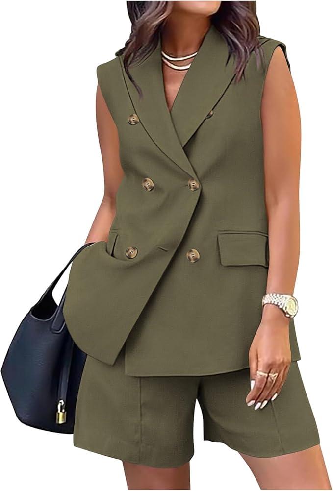 Women's Sleeveless Suit Jacket Vest Shorts Suit Lapel V-Neck Button Office Business Casual Outfits Suits, Size M, Army Green