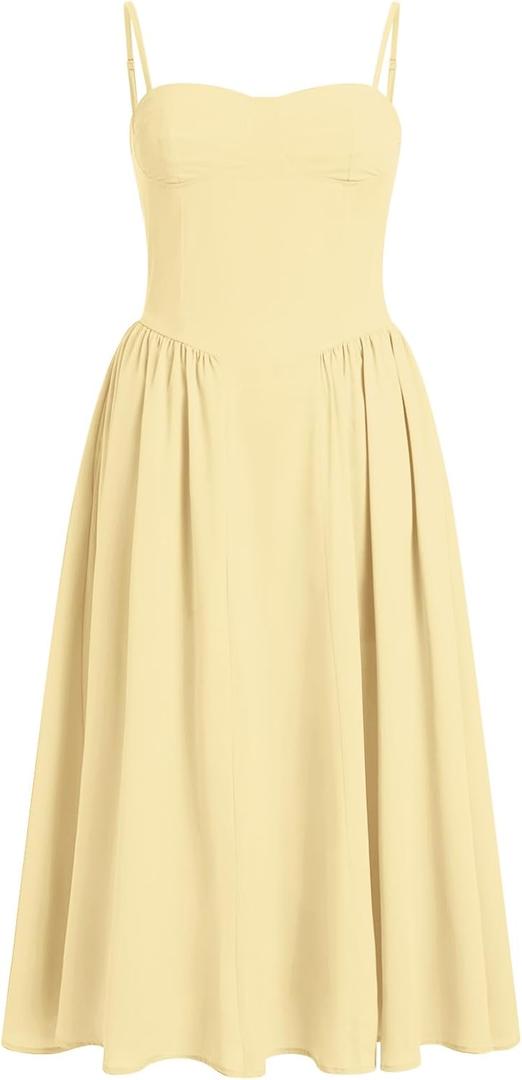 ABEHIK Women Floral Corset Dress Boho Spaghetti Strap Lace Up Casual Midi Dresses with Pockets Low Cut Flowy Bustier Sundress Yellow Medium