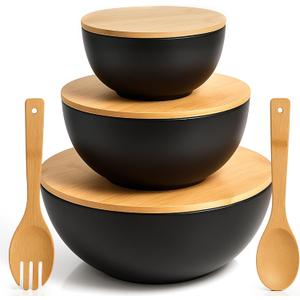 Vdomus Salad Serving Bowls with Lids - 5x10x10-Inch Bamboo Fiber Bowl Set with Wooden Lids - Multi-Purpose Bowl and Board Set for Kitchen - Mixing Bowl Set for Serving and Preparing Food - Set of 3