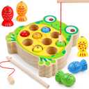Magnetic Wooden Fishing Game Toys for Toddlers,Wooden Frog Magnets Fishing Learning Color Sorting Puzzle Montessori Preschool Educational Fine Motor Skills for 3 4 5 Years Old Boys Girls