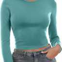 Zeagoo Womens Ribbed Fitted Crop Tops Long Sleeve T Shirts Basic Scoop Neck Casual Slim Fitted Y2k Clothes 2025 (XX-Large, Black,haze Blue)