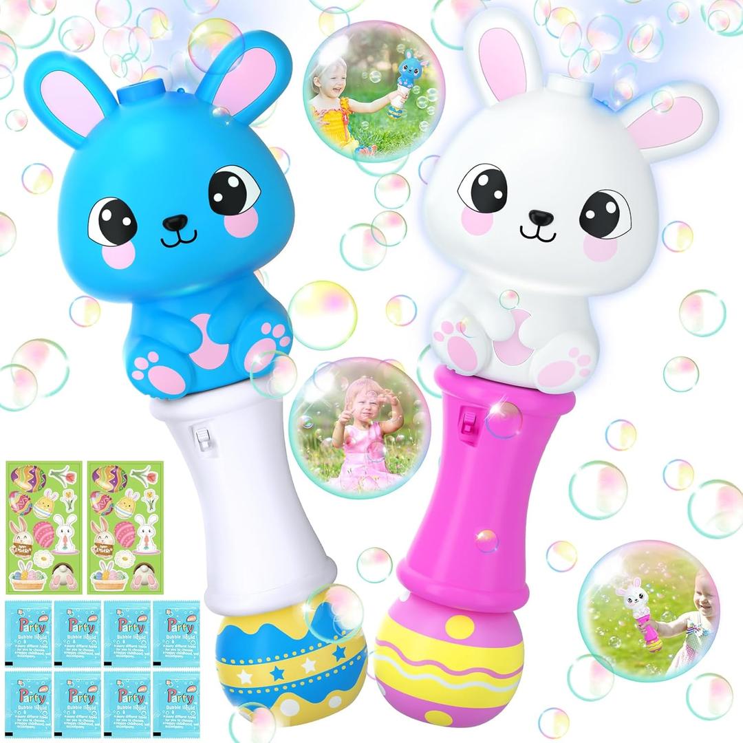 Easter Bunny Bubble Wand 2 Pack, Automatic Bubble Machine Gun for Kids, Light Up Bubble Guns with 4 Bottles Bubble Refill Solution, Easter Basket Stuffers for Toddler, Bubble Toys for Outdoor Activity