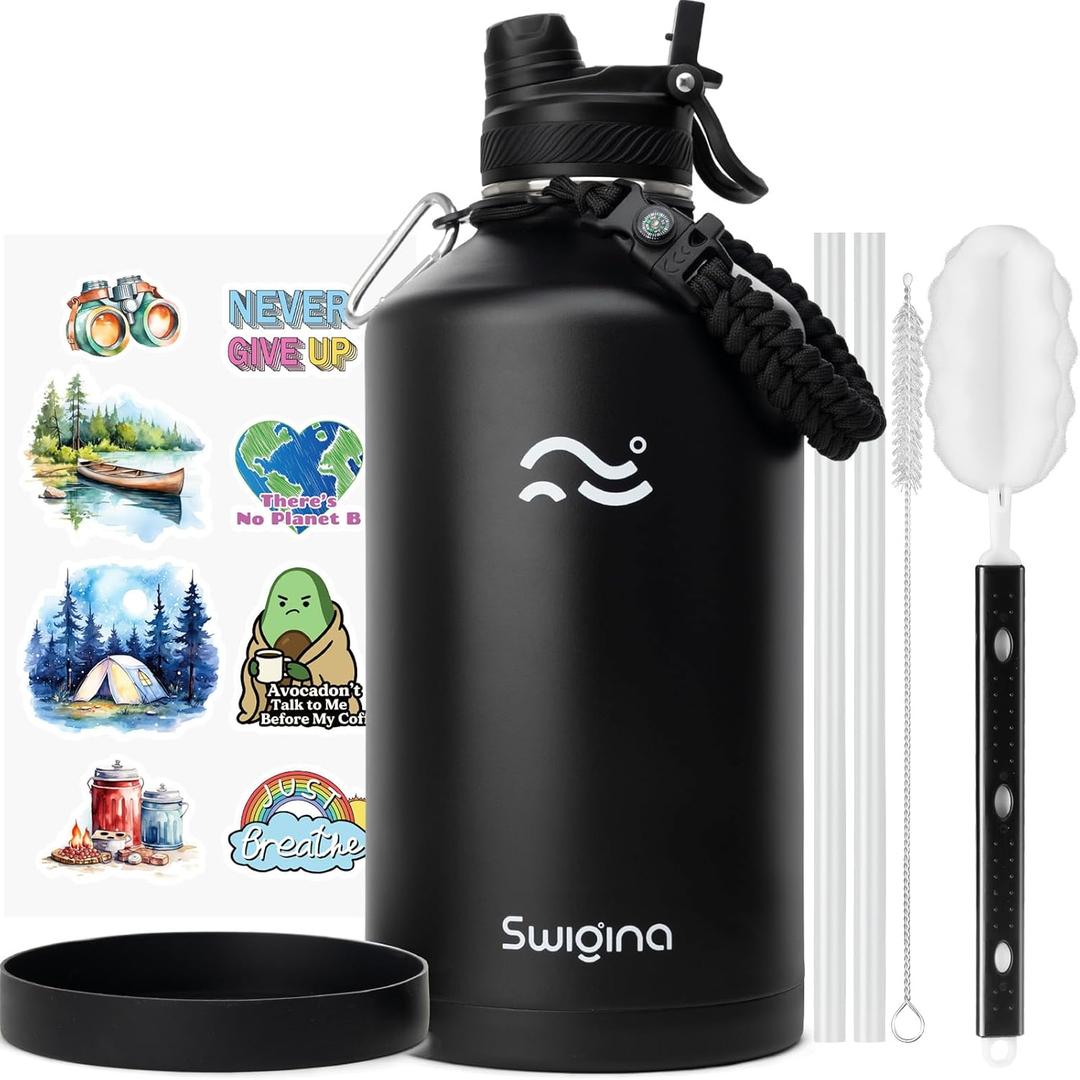 Swigina [2-IN-1 LID] Gallon Insulated Water Bottle with Silicone Boot (48hrs Cold/24hrs Hot) - DIY Stickers, Leakproof, BPA Free, 128 oz (Black)