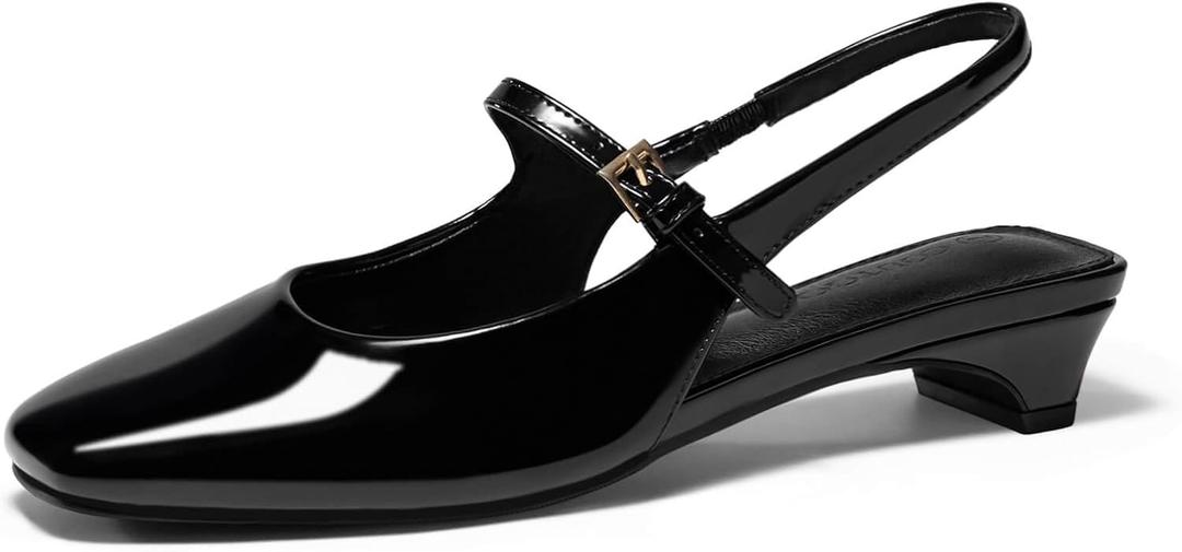 Coutgo Womens Mary Jane Chunky Low Heels Slingback Ballet Flats Closed Square Toe Wedding Dress Shoes, 6.5