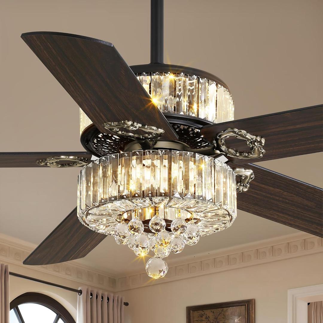 52 Inch Crystal Fandelier Ceiling Fan with Light, Farmhouse Ceiling Fan Chandelier with 6 Speeds, Quiet Reversible Noiseless DC Motor, 3CCT, Indoor Ceiling Fans for Living Room Bedroom