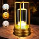 Cordless Table Lamp - Rechargeable LED Lamp with 2000mAh Battery, 3 Color Stepless Dimming & Touch Control, Portable Lamp for Indoor Outdoor, Bedroom, Restaurant, Bar, Patio, Camping, Gold (1 Pack)