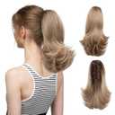 CJL HAIR 12 Inch Short Ombre Blonde Curly Claw Clip Ponytail Extension Fake Faux Drawstring Hair Piece Instant Updo Wavy Pony Tails Synthetic High Temperature Fiber Hairpiece for Women Girls Kids (Ash Blonde with Dark Root)