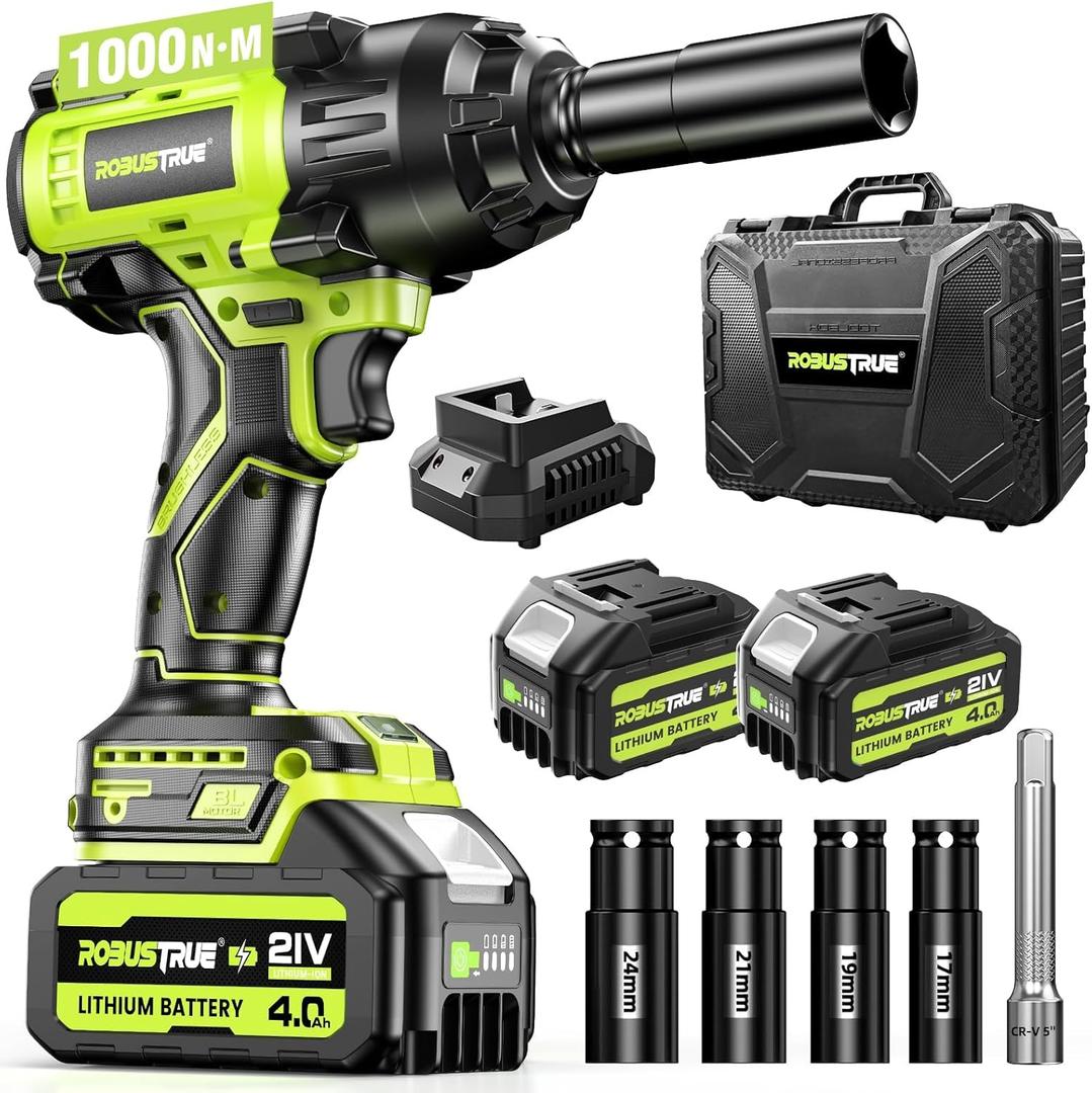 Robustrue Cordless Impact Wrench 738ft-lbs (1000N.m), High Torque Brushless 1/2 Impact Gun, 2 x4.0Ah Battery 21V Max, Fast Charger, 4 Sockets, Impact Wrench for Home Car Tires Truck Mover