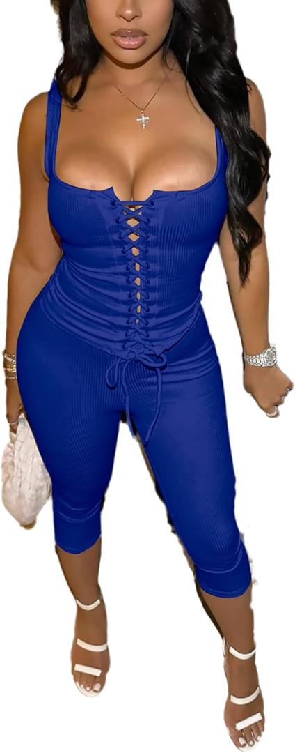 acelyn Womens Sexy 2 Piece Outfits Sleeveless Capri Sets Tie Up Tank Top & Short Set Summer Pants Set Going Out Club Outfit (Small, Blue)