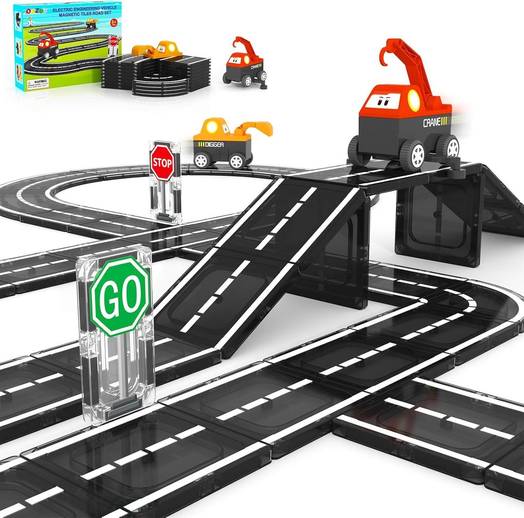 Magnetic Tiles Roads Engineering Vehicle Set, Magnetic Blocks Road Truck Car Toys for 3 4 5 6 Year Old Boys Girls, Cars Games Classroom Montessori Toys for Kids, Educational STEM Toy Birthday Gifts (Color-2)