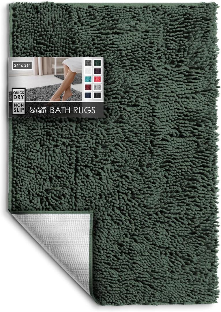 Bathroom Rugs, Chenille Bath Mat - Machine Washable Bath Mats for Bathroom Non-Slip Backing Rubber, Quick Dry Bathroom Mat - Hunter Green 24x36