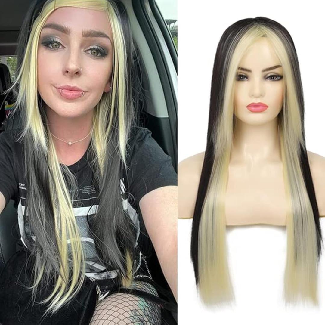 Baruisi Long Black Blonde Wig Straight Silky Synthetic Heat Resistant Side Bangs Halloween Costume Hair Wigs for Women Girls