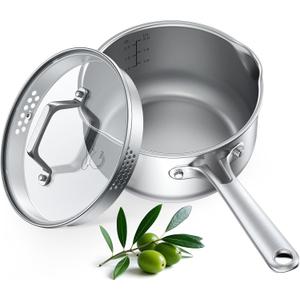 PekGema Stainless Steel Saucepan 2.5 Quart with Glass Strainer Lid, Tri-Ply Construction, Dual Pour Spouts, Measurement Marks, Stay-Cool Handle, Dishwasher & Oven Safe, All Cooktops Compatible