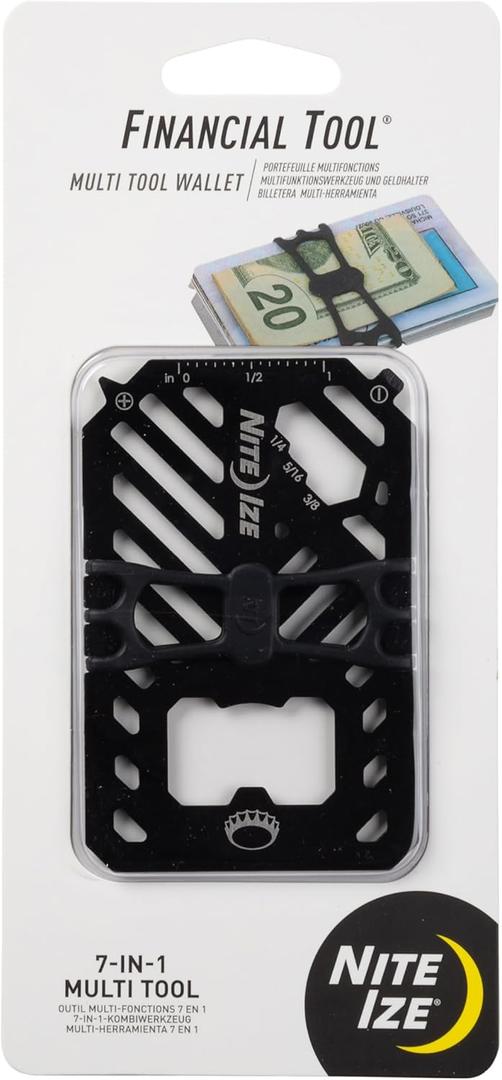 Nite Ize Financial Multi Tool Wallet - Stainless Steel 7-in-1 Multi Tool - Travel Wallet for Men & Women - Bottle Opener, Screwdriver, Rulers & More - Black