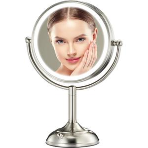 Professional 8.5" Large Lighted Makeup Mirror with Brighter Lights, 1X/10X True HD Magnifying Mirror with 3 Color Dimmable Lights, 90 Shadowless LEDs, 360Swivel Seamless Vanity Mirror, Pearl Nickel (Artistic Satin Nickel)