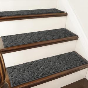 COSY HOMEER Edging Stair Treads Non-Slip Carpet Mat 28inX9in Indoor Stair Runners for Wooden Steps, Edging Stair Rugs for Kids and Dogs, 100% Polyester TPE Backing (15pc, Black)