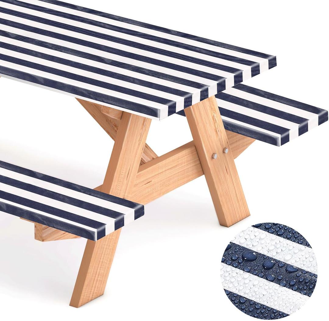 3 Pcs 6 ft Picnic Table Cover with Bench Covers, Fits for Tables 72" x 30" Rectangle, Waterproof Stripe Tablecloth with Elastic for Outdoor Camping Patio(Navy Blue and White)