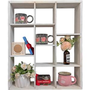 Oversize Coffee Mug Display Rack - Rustic Wooden Wall Mounted Shadow Box Shelf for Collectible Mugs, Kitchen, Office or Coffee Bar Decor (01-Old White)