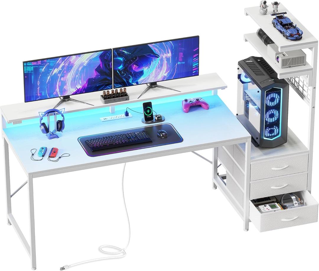 PRAISUN 61.7" Gaming Desk with LED Lights & Outlets, Computer Desk with 3 Fabric Drawers, PC Desk with PC Case Stand & Movable Storage Shelves, Monitor Stand, Reversible, White