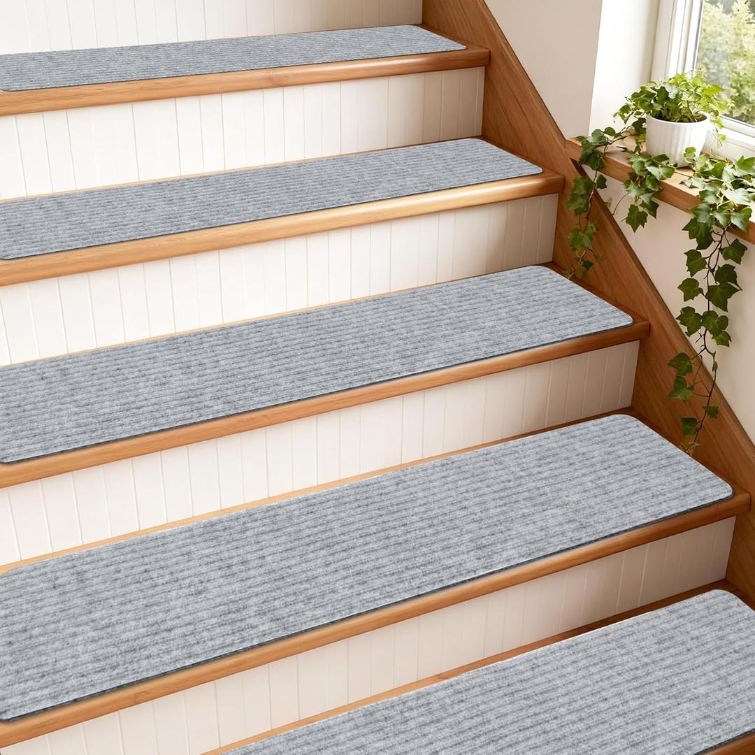 Extra Wide Non Slip Stair Treads for Wooden Steps  15 Pack 9" x36'Extra Wide Carpet Runners with Reusable Adhesive, Step Pads for Dogs, Kids, Seniors, Machine Washable  Light Grey