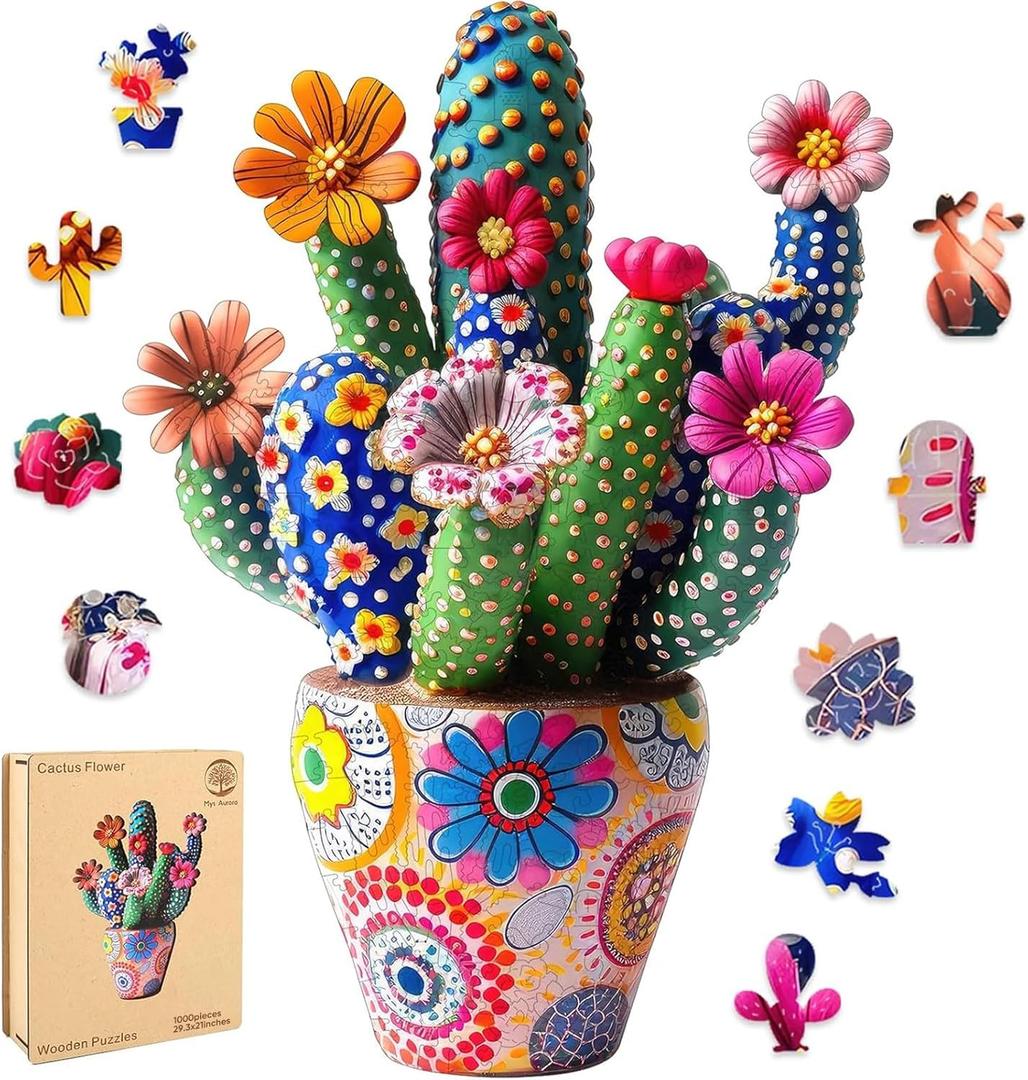 Mys Aurora Puzzles for Adults Cactus Flower Wooden Puzzles, 1000 Pieces Unique Shaped Jigsaw Puzzles, Birthday for Mom Adults, Fun Challenge Family Game 29.3'' x 21''