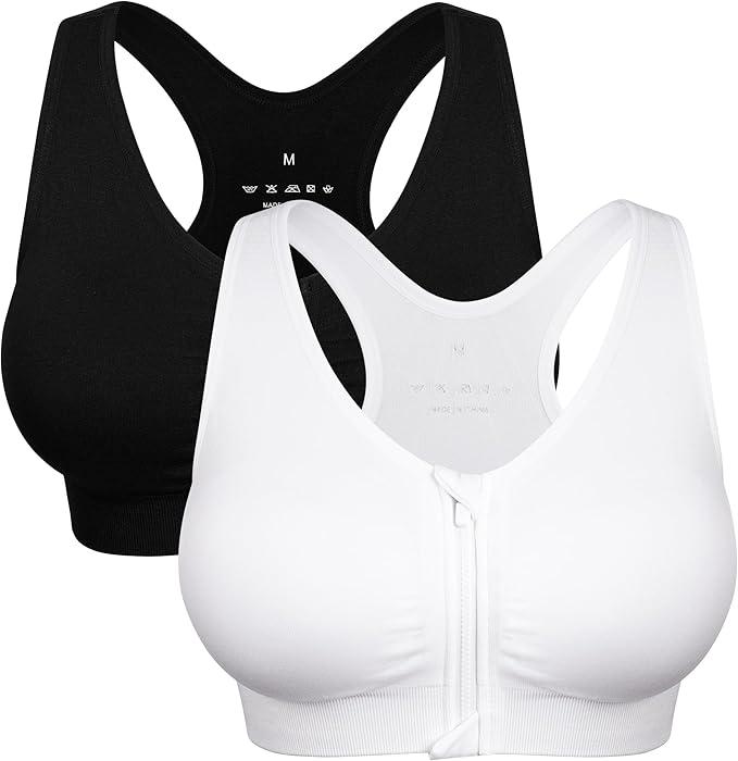 Women's Zip Front Sports Bra Wireless Post-Surgery Bra Active Yoga Sports Bras (Large, Black+White-2 Pack)