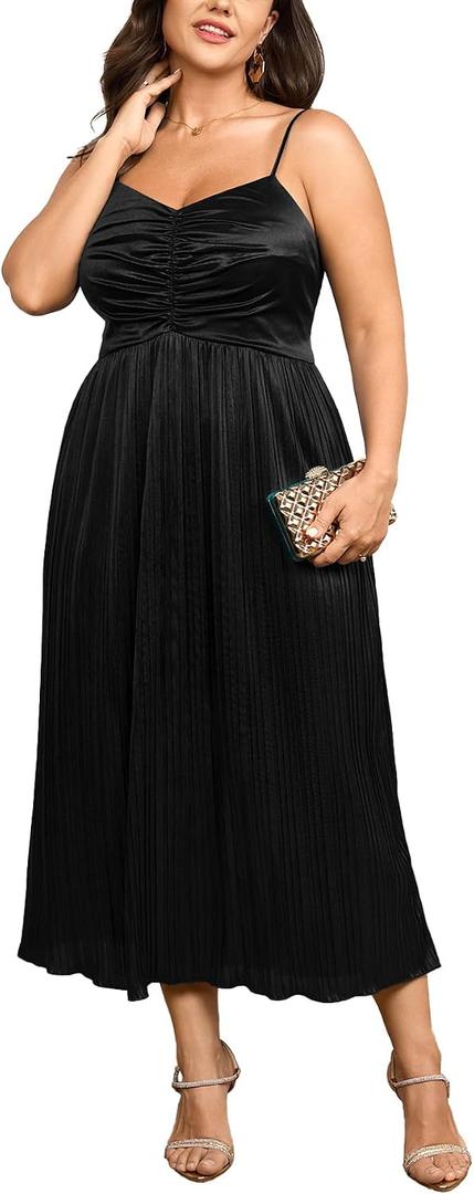 SCOMCHIC Women's Plus Size Dress Pleated V Neck Sleeveless Spaghetti Strap A Line Cocktail Party Cami Long Maxi Dress (Black, XXXL)