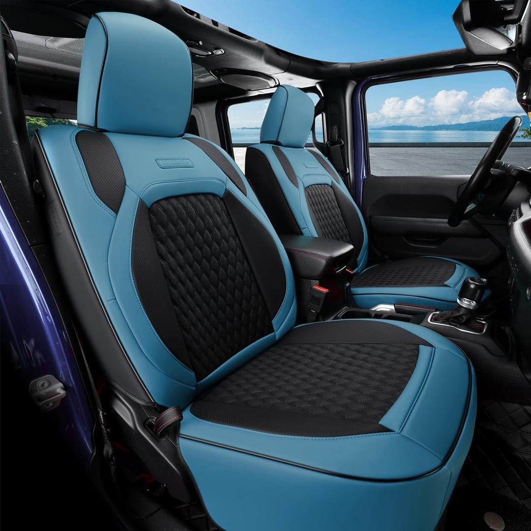 Coverado Seat Covers for Jeep Wrangler, Waterproof Leather Car Seat Covers for Truck Automotive Seat Covers Custom Fit for 2018-2026 Jeep Wrangler JL Seat Covers 2-Door/4-Door Full Coverage (Blue)