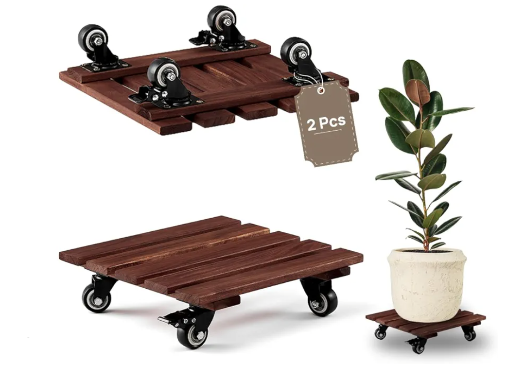 ALLADINBOX Plant Caddy 2 Set 12 inch Wooden Heavy Duty Plant Stand with Lockable Caster Wheels Plant Dolly Indoor/Outdoor Holds Up 150 Lbs Strong and Sturdy Design, Charcoal