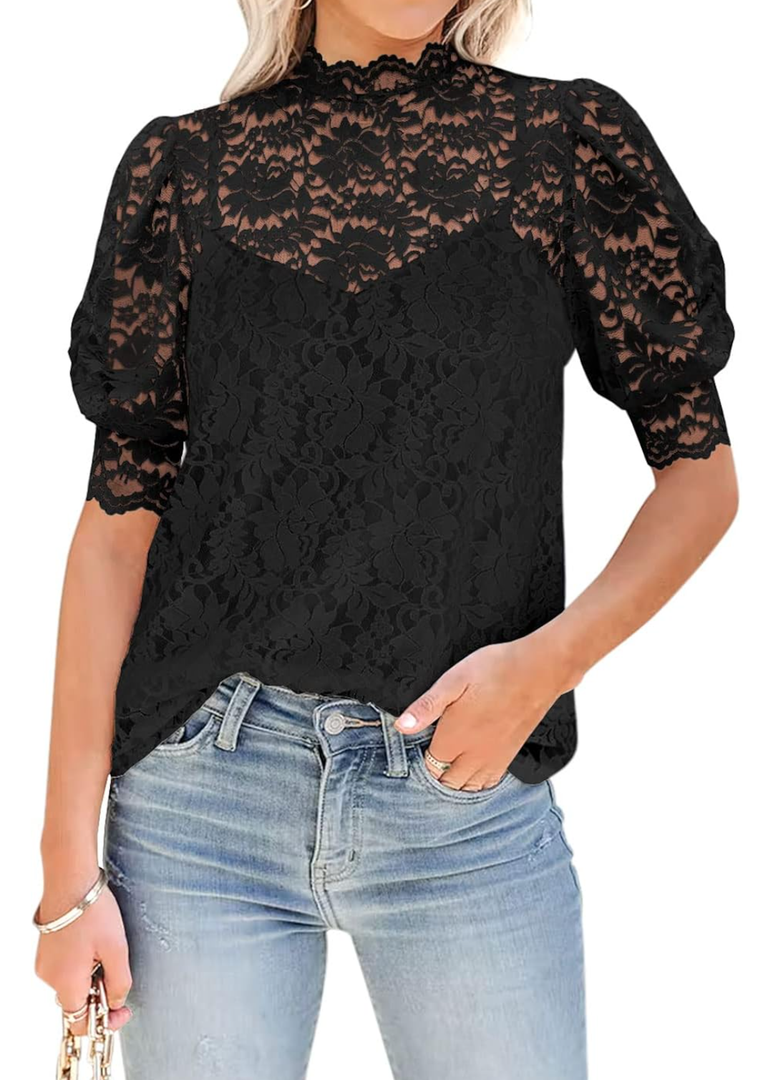DOROSE Womens Tops and Blouses Dressy Casual Lace Floral Long Sleeve Shirts M