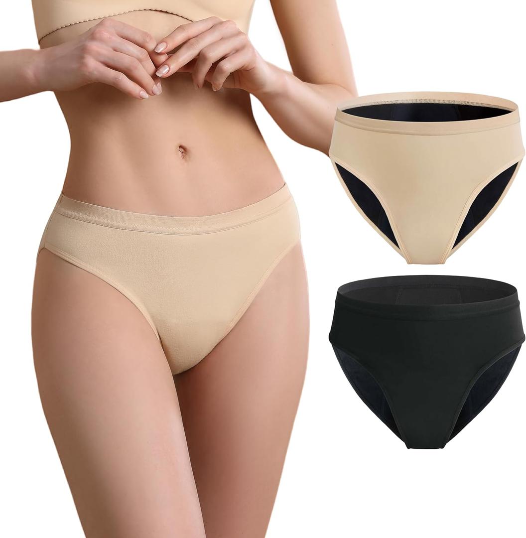 Incontinence Underwear for Women, 4 oz Maximum Absorbency Leak Proof Panties for Postpartum 2 Pack (Black-Beige, M)