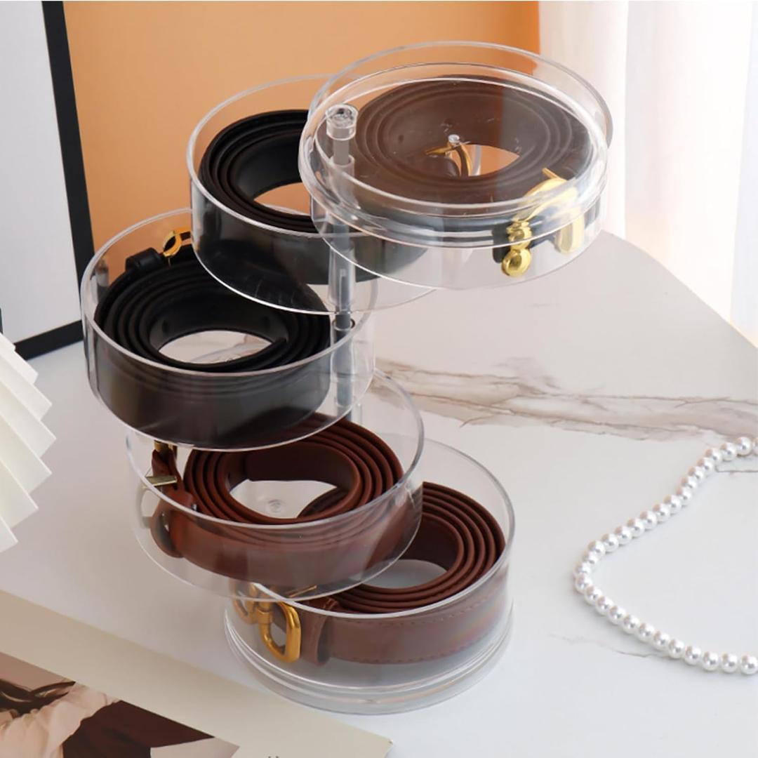 Hiyoo Belt Organizer, 5 Layers Acrylic Belt Storage Holder, Rotatable Belt Display Case, Clear Storage Box for Belt, Jewelry, Watch, Bracelets and Other Accessories